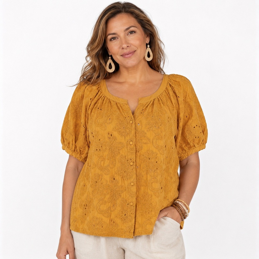 Calypso St Barth Eyelet Top XL Mustard Yellow Puff Sleeve Resort Cottage Peasant